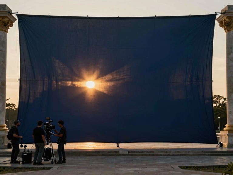 Wide anamorphic environmental shot of a film crew on a dramatic architectural location at golden hour, large silk scrim diffusing the sun.