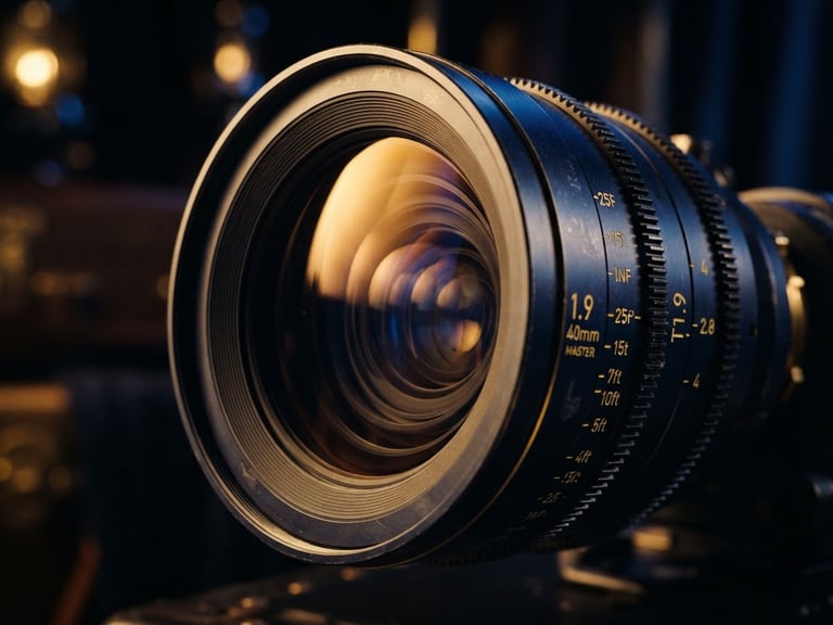 Extreme close-up of a high-end anamorphic cinema lens, golden hour light catching the glass element, deep shadows, luxurious cinematic editorial photography