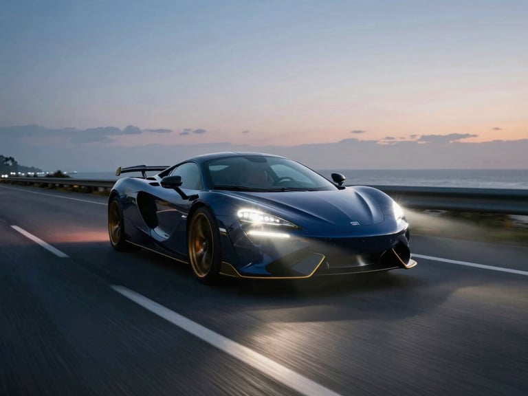 Cinematic editorial photography of a luxury sports car speeding down a wet coastal highway at dusk, dramatic headlights casting long shadows, anamorphic lens flare