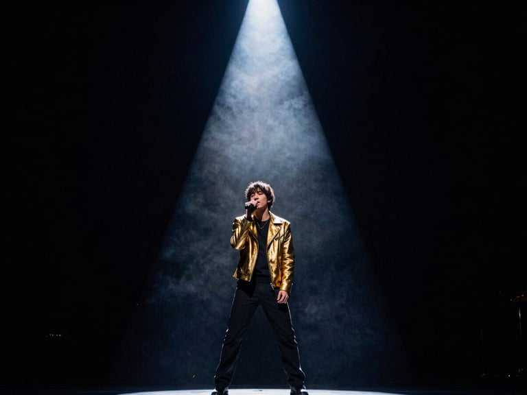 High-contrast film still of a musical artist performing under a single dramatic spotlight on a dark, textured soundstage, haze in the air.