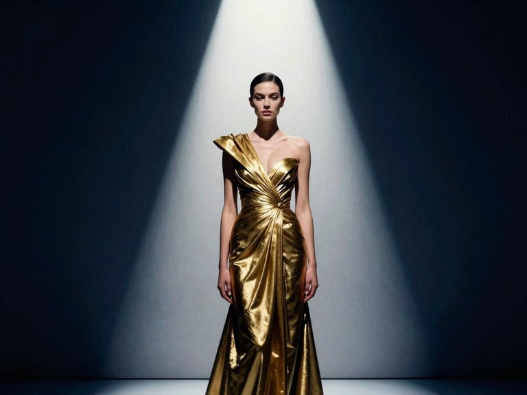 High-contrast film still of a model in a structured gold gown, dramatic single spotlighting from above, deep royal navy shadows, premium gallery aesthetic
