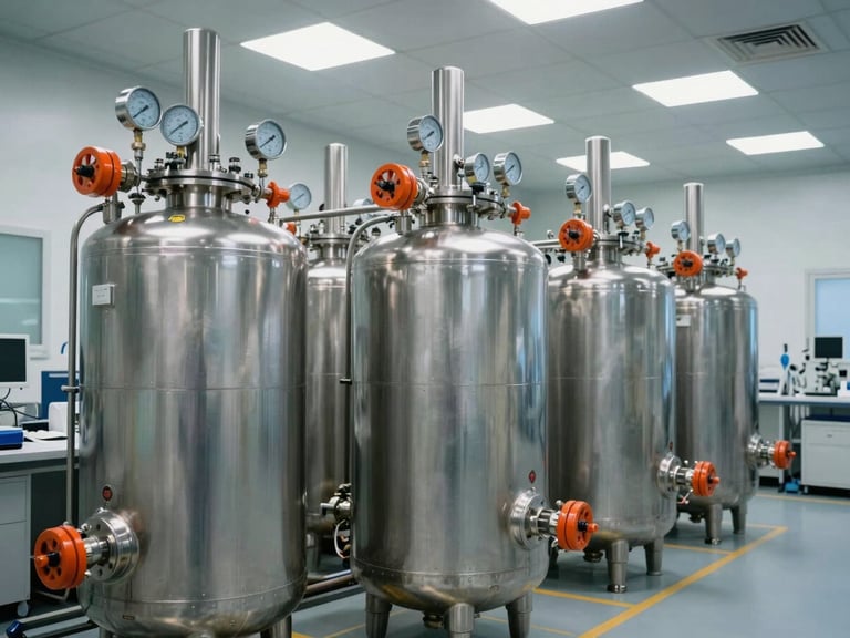 Industrial reverse osmosis membrane housing, stainless steel pressure vessels, gauges, sharp safety orange valves, sterile laboratory lighting, wide angle architectural crop.