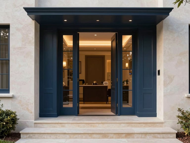 Elegant residential entrance with soft natural light, minimalist architectural lines, clean stone steps, warm lighting from inside, 35mm photography