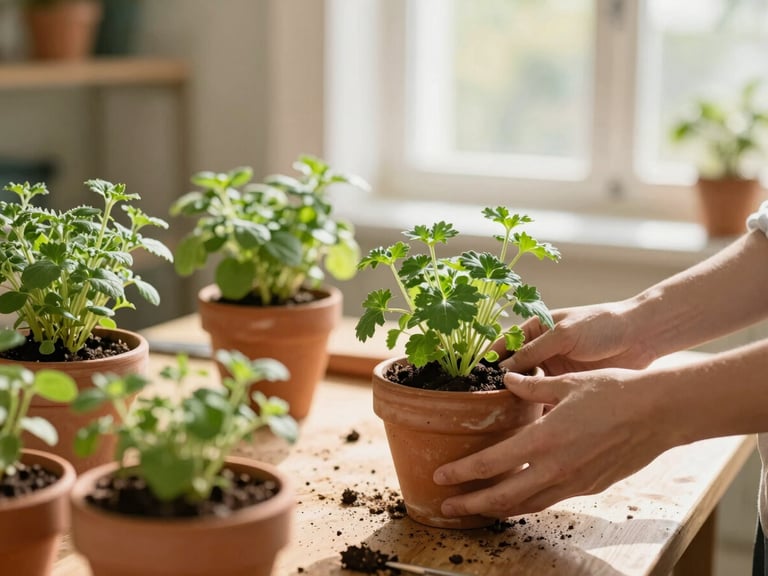 An active, warm-lit gardening workshop where hands are potting green herbs in terracotta pots, soft-focus background of a sunlit sunroom