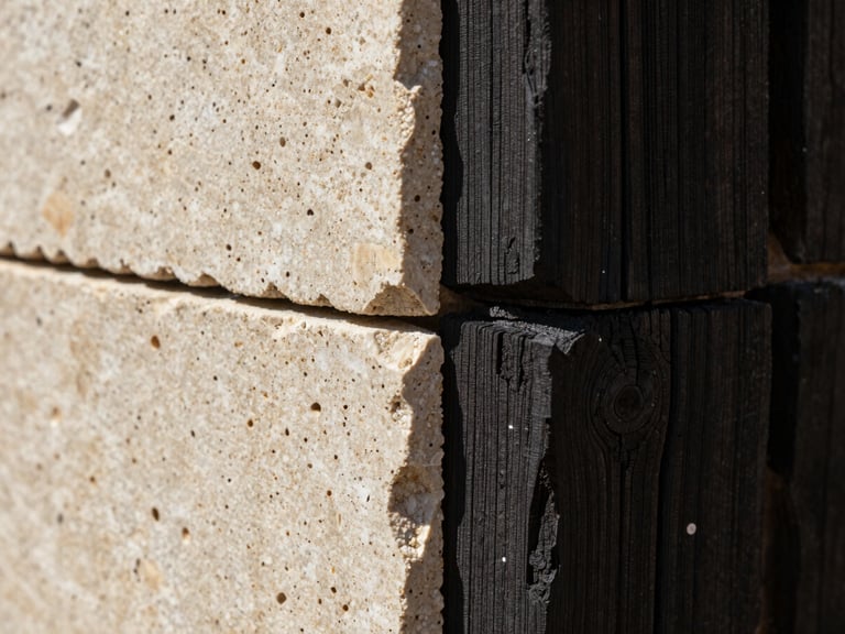 Extreme close-up macro detail of raw beige travertine stone meeting dark charred wood, sharp geometric division, high-contrast natural sunlight, architectural texture study.