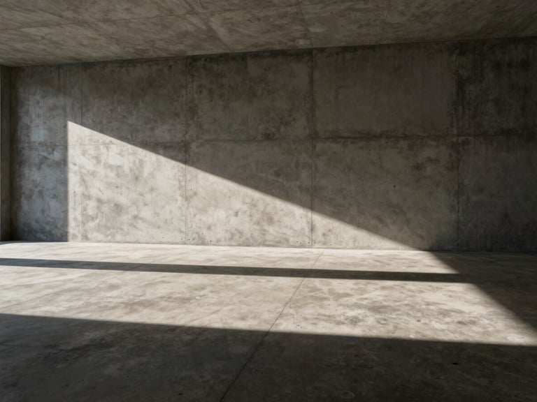 Wide-angle interior elevation, sharp geometric shadows on raw concrete, high-contrast natural sunlight, empty of people.
