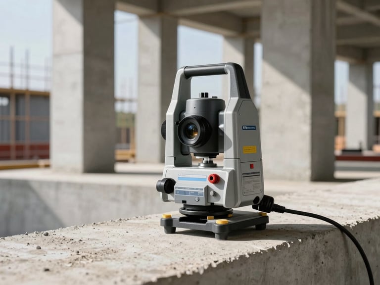 An engineer using a professional laser scanner on a raw concrete construction site, bright natural daylight, high contrast, focus on the technical equipment with concrete columns in the background.