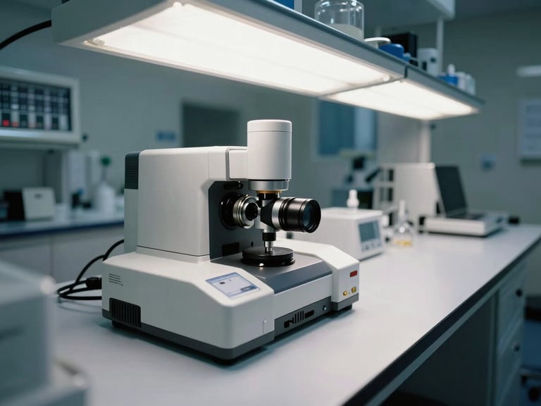 Wide-angle shot of a clinical laboratory testing environment, optical sensor device centered on a precision instrument bench under high-key shadowless lab lighting, sterile white surfaces extending to the right edge of frame, a calibration reference chart visible in the left background, no personnel present