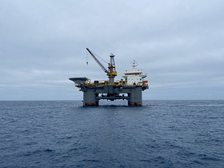 Wide panoramic shot of an offshore construction vessel at sea under cool overcast daylight, heavy subsea crane visible, deep blue water