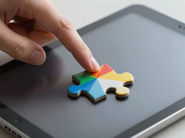 Macro shot of a finger tapping a large, colorful geometric puzzle piece on a matte Android tablet screen, soft studio lighting, clean background.