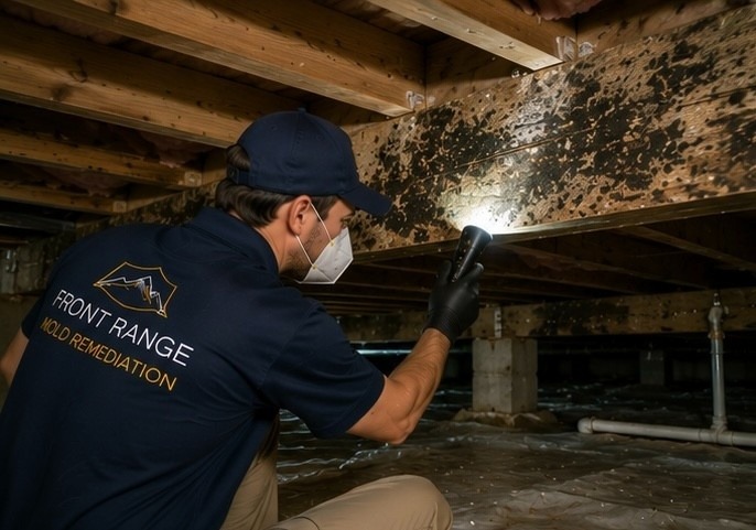 mold remediation specialist inspecting large lot forested property in Black Forest Colorado Springs for crawl space moisture