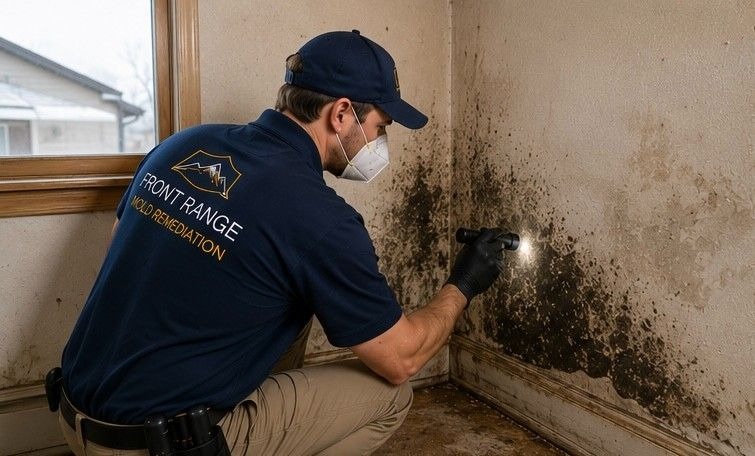 mold remediation specialist inspecting older residential property in Fountain Colorado Springs for moisture damage