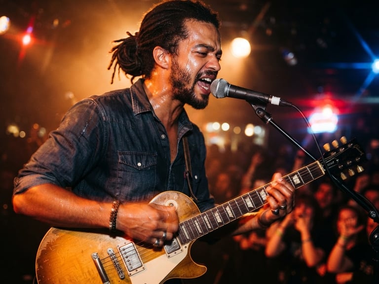 Close-up action shot of guitarist Jacob Anderson singing passionately into a microphone, sweating under dramatic amber stage lights, fingers flying on the fretboard, motion blur.