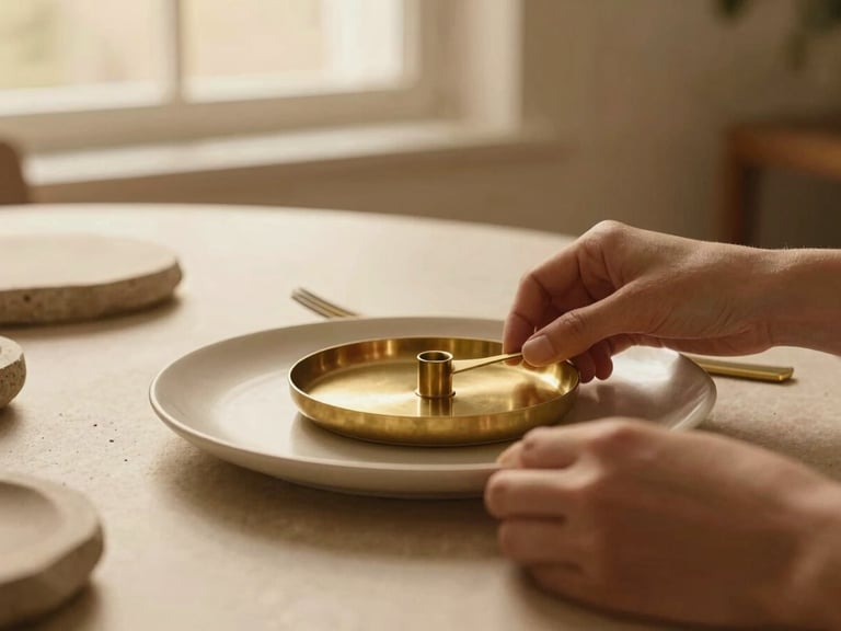 Macro close-up of hands arranging minimalist brass and raw stone table settings under warm, amber window light, soft shadows, sophisticated editorial styling