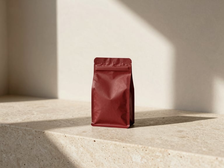 Minimalist coffee packaging on a raw stone counter, organic textures, warm window light casting long dramatic shadows, rich crimson accent tones, 35mm