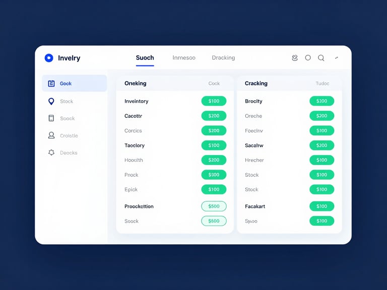 Crisp digital UI render of an inventory tracking screen with stock levels, green status badges, and clean tables, professional corporate blue tones