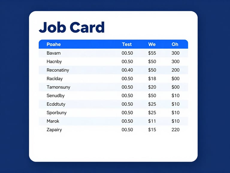 Clean digital UI render of a repair shop job-card sheet showing spare parts stock levels, bright studio lighting, high-fidelity