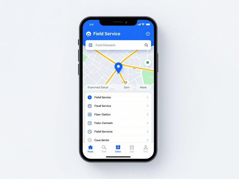 Clean digital UI render of a mobile field service dispatch map and staff attendance list, bright studio lighting, high-fidelity
