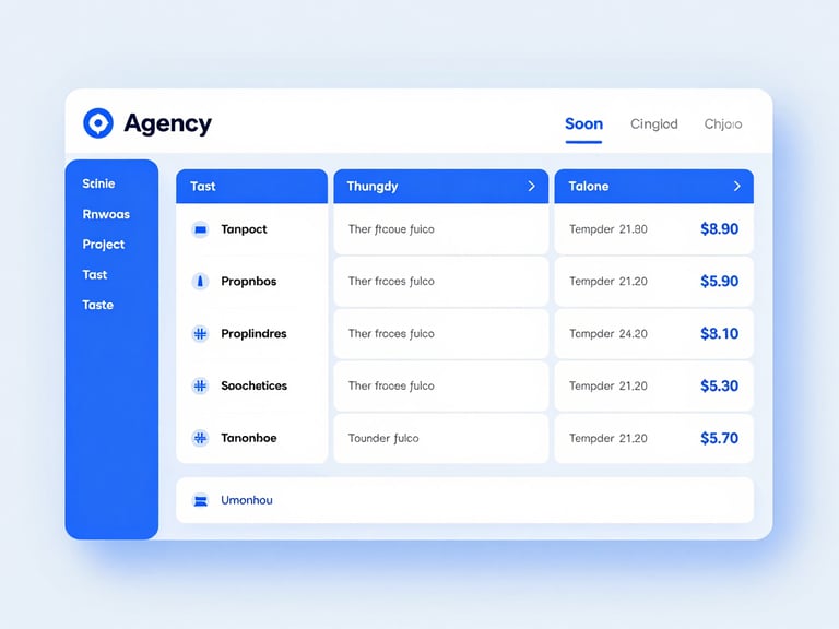 Clean digital UI render of an agency project board with task cards and billing status, bright studio lighting, high-fidelity
