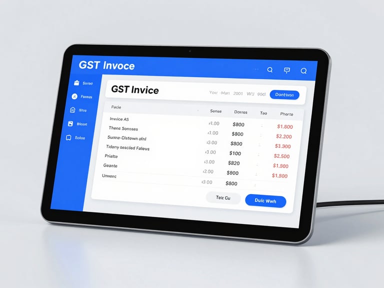 A clean digital UI render of a modern retail POS billing dashboard, showing a crisp GST invoice template with line items, bright studio lighting, professional corporate blue and white tones, sharp focus.