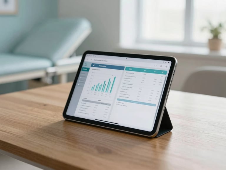 A modern tablet displaying a clean clinical software interface with charts and therapy plans, resting on a warm wooden desk in a softly lit therapy room, shallow depth of field.