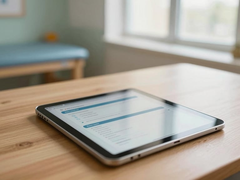 Close-up of a tablet displaying clean software interfaces on a wooden desk in a calm, sunlit pediatric therapy office, warm tones, shallow depth of field