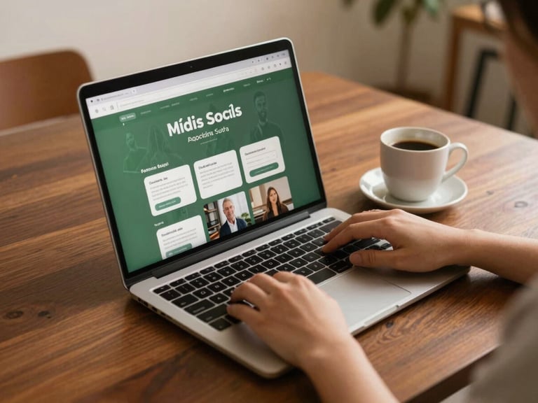 Visão de cima de uma mesa de café, laptop com gráficos de mídias sociais, xícara de café, mãos digitando, luz natural, tons quentes