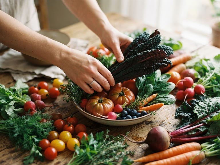 Close-up of hands arranging fresh, vibrant produce on a rustic wooden table, soft Scandinavian daylight, shallow depth of field, warm editorial photography.