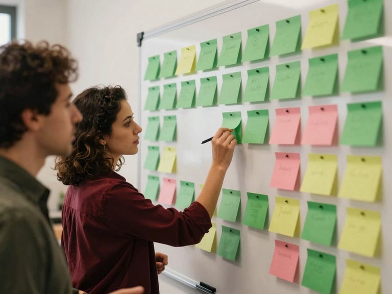 Mãos de equipe de agência planejando conteúdo em um quadro branco com post-its coloridos, foco em estratégia, luz suave de escritório, tons de carmim e verde floresta
