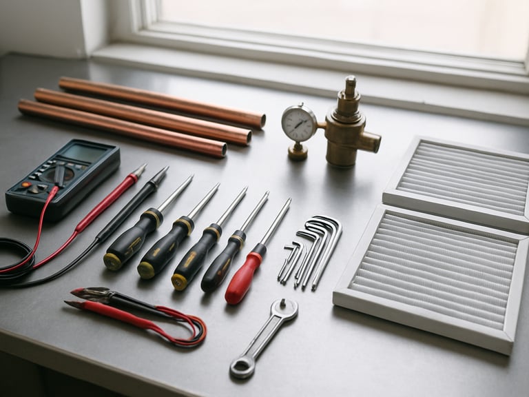 Immaculate technical workspace showing organized diagnostic tools, copper piping, and clean filters laid out on a steel workbench, bright natural light.