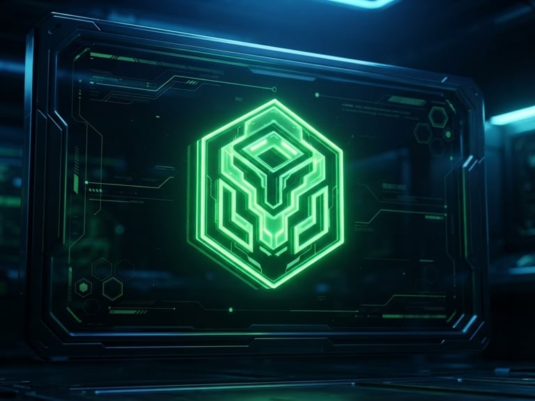 futuristic 3d render, dark tech aesthetic, glowing neon green verification badge floating in front of a dark glass screen, electric blue studio lighting, sharp focus, 16:9 aspect