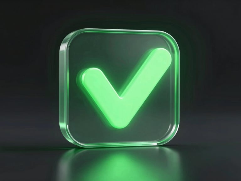 futuristic 3d render, dark tech aesthetic, glowing neon green checkmark badge, clean glass textures, studio lighting, landscape aspect