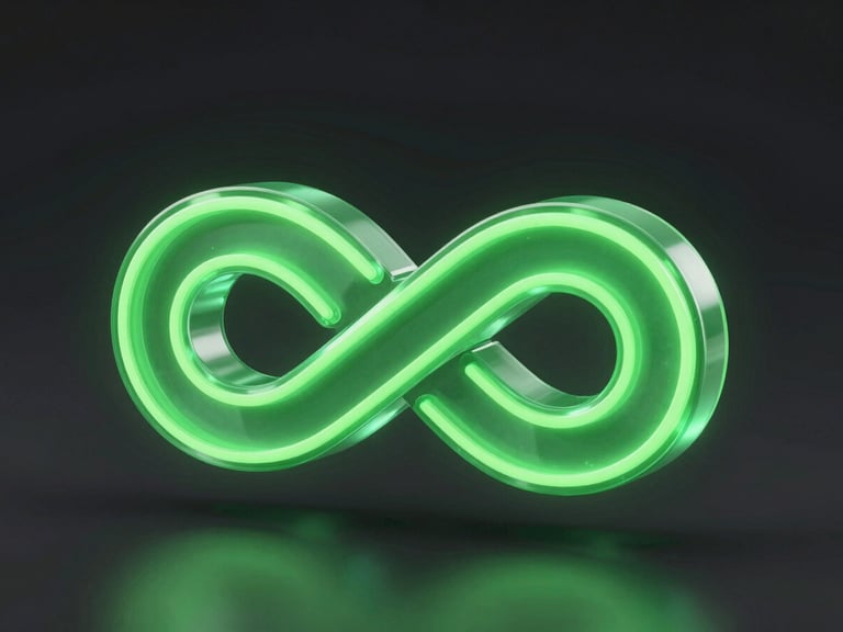 futuristic 3d render, dark tech aesthetic, glowing neon green infinite loop icon, clean glass textures, studio lighting, landscape aspect