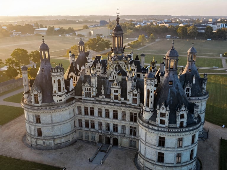 Vue aérienne cinématographique d'un château historique français au lever du soleil, brume légère, lumière rasante, détails sculpturaux, ambiance dramatique.