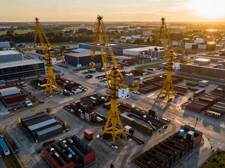 Vue zénithale cinématographique d'un grand chantier industriel au lever du soleil, grues en action, motifs géométriques, contrastes élevés, couleurs profondes.