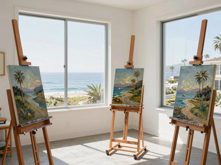 Bright, sunlit artist studio in Santa Barbara, oil paintings resting on wooden easels, natural California coastal daylight streaming through a large window, soft shadows, 35mm lens.