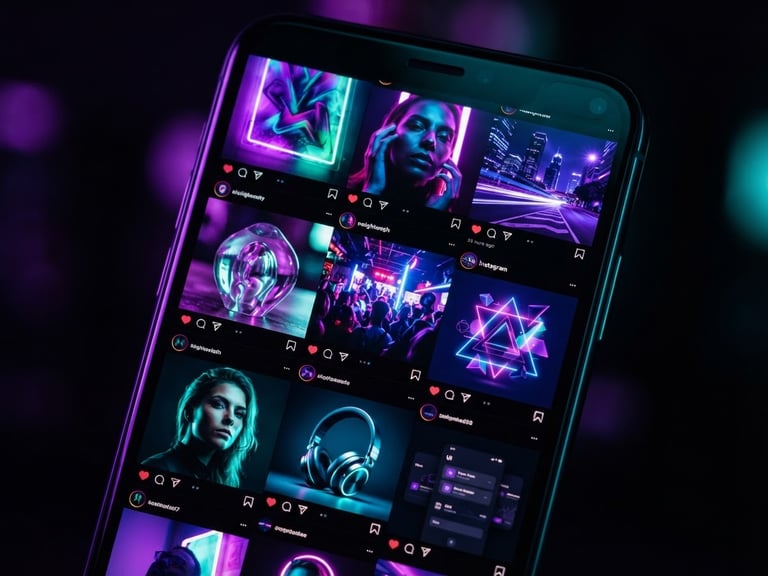 Tight macro shot of a sleek smartphone displaying a vibrant, high-contrast Instagram feed with purple and teal ambient studio lighting, sharp focus, 35mm