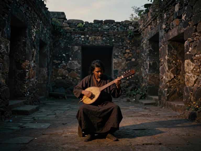 Cinematic wide-angle shot of a musician lost in performance, playing an ancient traditional stringed instrument in a moody stone ruin. Low-key dramatic natural lighting with deep shadows, golden hour glow, deep earthy tones, 35mm film grain.