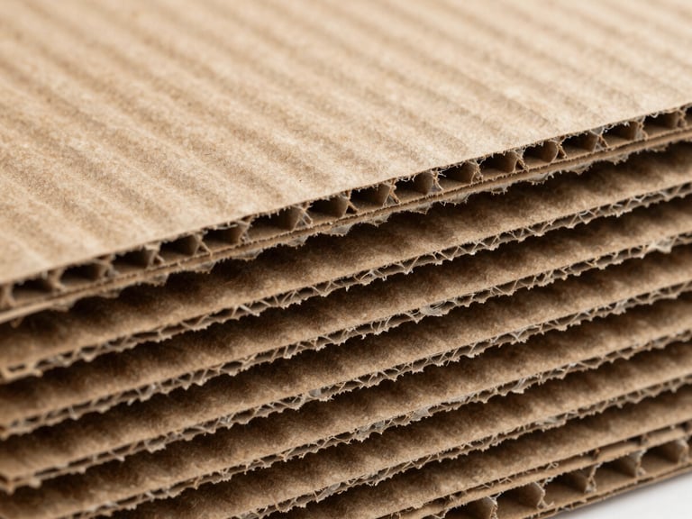 Macro shot of corrugated cardboard fluting layers, showing the precise structural wave pattern, natural kraft paper texture, high contrast shadow