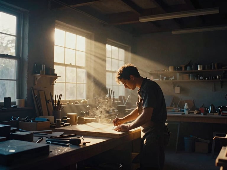 Widescreen cinematic shot of a craftsman in a dusty workshop, dramatic golden light streaming through windows, cinematic film photography, dramatic low-key lighting, rich gold and deep blue tones, 35mm.