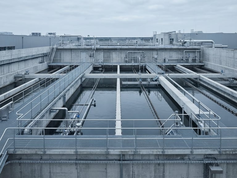 Straight-on architectural elevation of a modern concrete water treatment basin under cool overcast daylight, desaturated soft blue tones, sharp technical focus