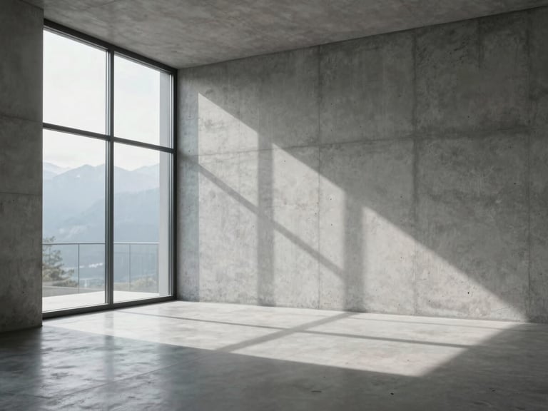 A minimalist, clean architectural studio space in Switzerland, raw concrete walls, sharp shadows, cool morning light coming from a large window on the left.