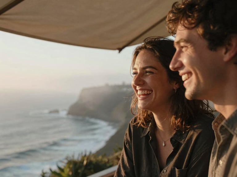 Intimate close-up of a couple laughing under a cliffside canopy, ocean fog in the background, warm natural light, shallow depth of field, 35mm film look
