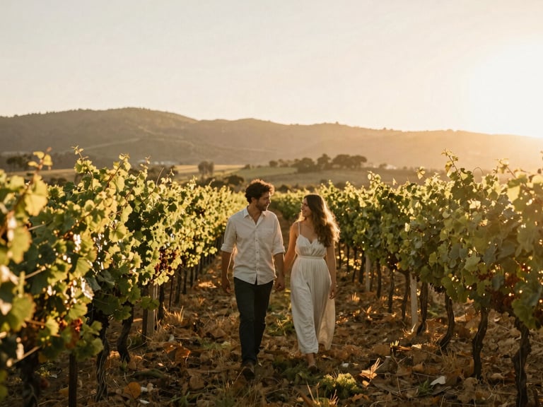 Candid wide shot of a couple walking through a sun-drenched California vineyard at golden hour, warm editorial photography, 35mm film look