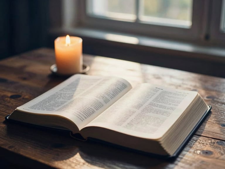 Open Bible on a wooden table, sunlight streaming through a window, a single burning candle, deep blue and gold tones, soft focus, 35mm