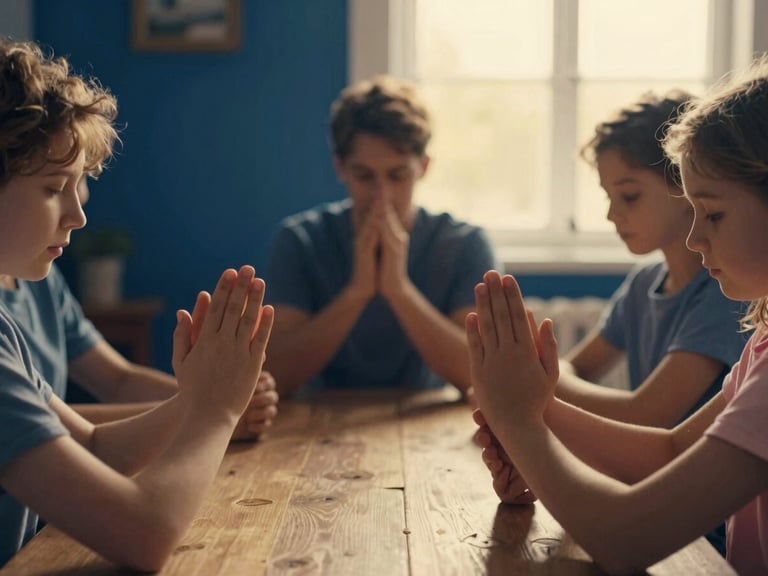 Family gathered around a table, hands joined in prayer, warm golden light from a window, deep blue and gold tones, soft focus, 35mm