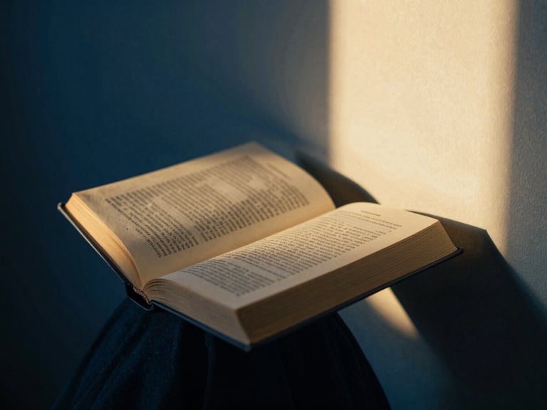 Person reading a devotional book in a quiet corner, soft morning light, deep blue and gold tones, soft focus, 35mm