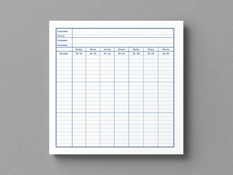 Top-down flat-lay mockup of a printed curriculum matrix, crisp blueprint lines, clean slate gray background, architectural studio lighting