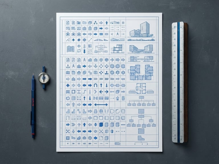 Top-down orthographic flat-lay of a structured printed curriculum document on a slate gray drafting table, architectural ruler, blueprint blue accents, crisp studio lighting