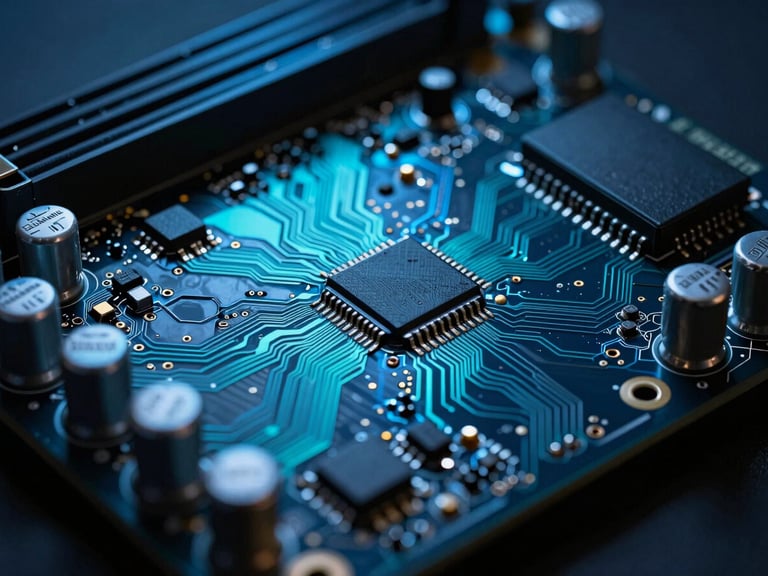 Extreme close-up macro of a high-end GPU circuit board, copper traces and capacitors in sharp focus, dramatic cyan and electric blue side lighting casting deep shadows, black background, no text, no humans, precision component photography